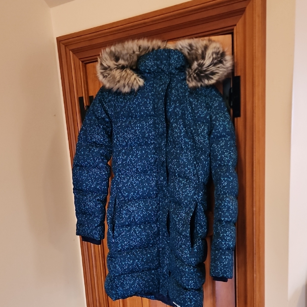Blue Patterned Winter Coat with Faux Fur Hood